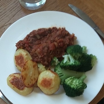 Picture of roast potatoes using Sourced Locally Fairfields farm potatoes, broccoli and mince made into bolognaise sauce