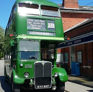 Picture of a green routemaster bus at Epping Station 