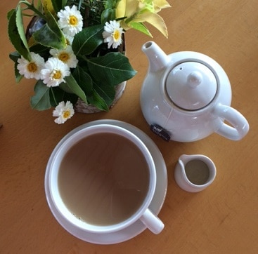 Picture of teapot, cup and saucer and milk jug by flowers, when I got tea for two free with a National Trust voucher