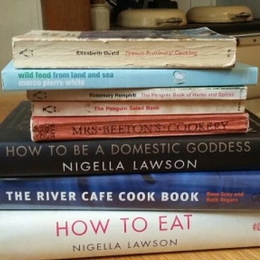 Picture of a pile of cookbooks given to me by my mother-in-law
