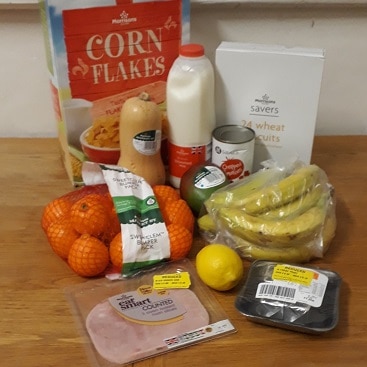 Picture of the extra items I added to the shopping list, including fruit, cereal and cut price ham