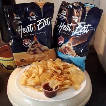 Picture of a couple of packets of Fairfields Farm heat and eat crisps with drip for my five frugal things post
