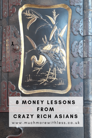 Pinterest sized image of a gilded stork inlay for my post on 8 Money Lessons from Crazy Rich Asians