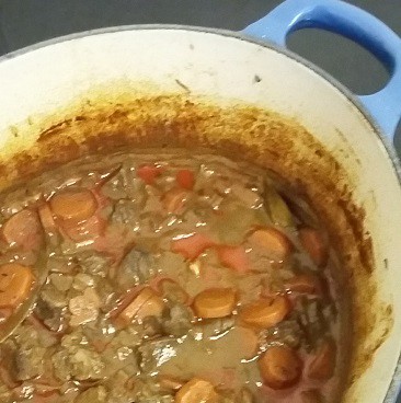 Picture of beef stew in a casserole dish for my post on five frugal things for Valentine's Day