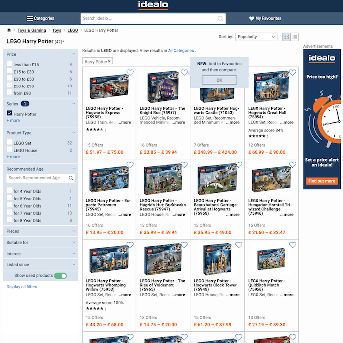 Screengrab of Harry Potter Lego search on Idealo