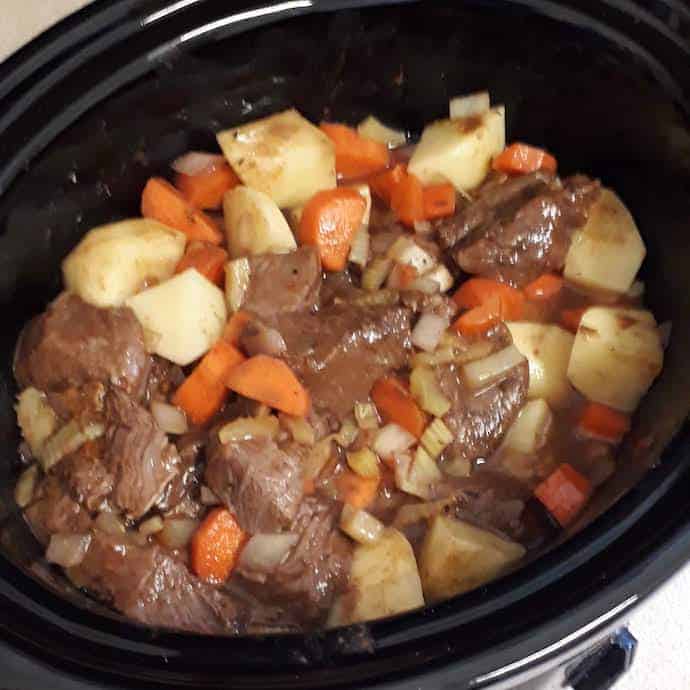 Picture of stew ingredients in our slow cooker