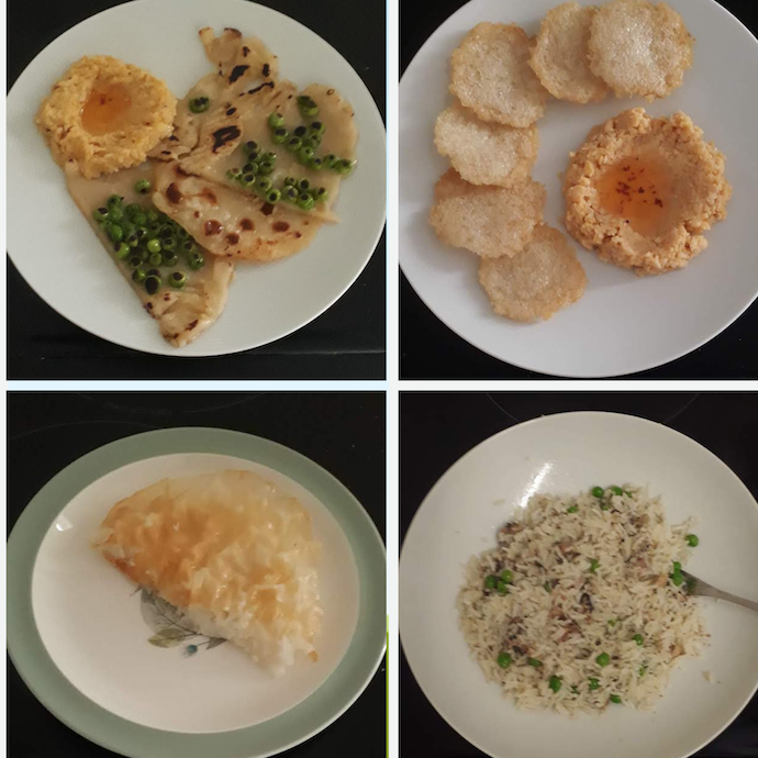 Pic of my meals on day 3 of the Ration Challenge: pea crepe with hoummus, rice cakes and hummus, rice pudding and fried rice with sardine and peas