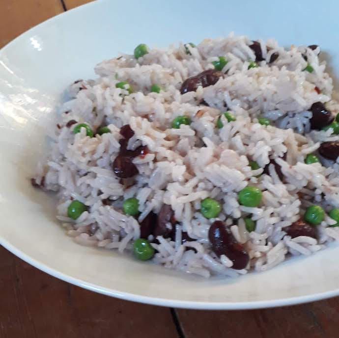 Picture of fried rice with kidney beans and peas during the Ration Challenge