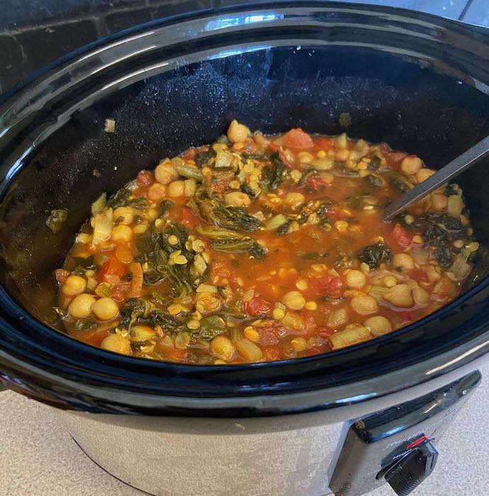 Picture of soup in our slow cooker, to help cut energy costs during Thrifty September